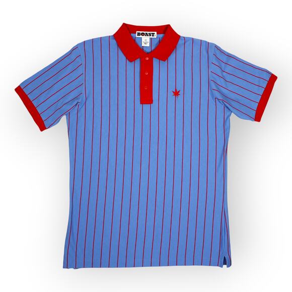 BOAST USA Men Small Vertical Stripe Polo Carolina Blue Red Leaf Logo NWT $95 - Picture 1 of 10